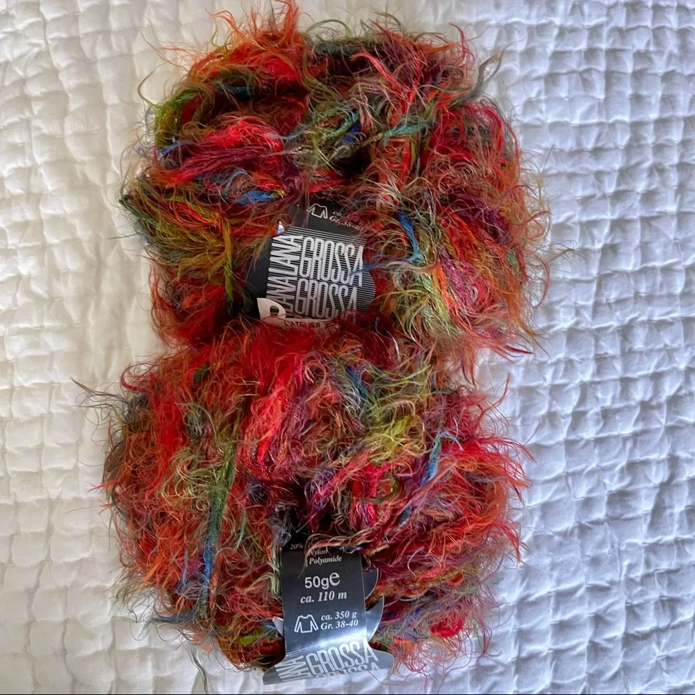Lana Grossa Pep Print Red, Orange, Green Furry,  Fuzzy Yarn, 2 skeins